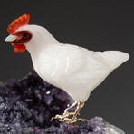 Genuine Polished Hand Carved White Agate Chickens on Amethyst Cluster + Calcite