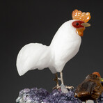 Genuine Polished Hand Carved White Agate Chickens on Amethyst Cluster + Calcite