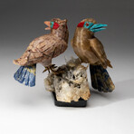 Two Genuine Polished Hand Carved Birds on Crystal Cluster