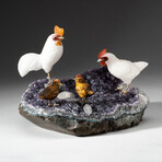 Genuine Polished Hand Carved White Agate Chickens on Amethyst Cluster + Calcite