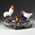 Genuine Polished Hand Carved White Agate Chickens on Amethyst Cluster + Calcite