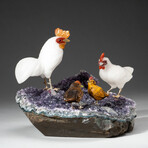 Genuine Polished Hand Carved White Agate Chickens on Amethyst Cluster + Calcite