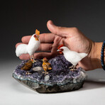 Genuine Polished Hand Carved White Agate Chickens on Amethyst Cluster + Calcite