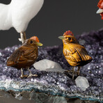 Genuine Polished Hand Carved White Agate Chickens on Amethyst Cluster + Calcite