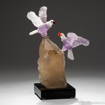 Two Genuine Polished Hand Carved Amethyst Eagles on Large Smoky Quartz Crystal