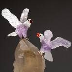 Two Genuine Polished Hand Carved Amethyst Eagles on Large Smoky Quartz Crystal