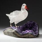 Genuine Polished Hand Carved Quartz Duck on an Amethyst Cluster