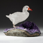 Genuine Polished Hand Carved Quartz Duck on an Amethyst Cluster