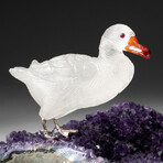 Genuine Polished Hand Carved Quartz Duck on an Amethyst Cluster