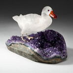 Genuine Polished Hand Carved Quartz Duck on an Amethyst Cluster