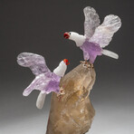 Two Genuine Polished Hand Carved Amethyst Eagles on Large Smoky Quartz Crystal