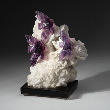 Genuine Polished Hand-Carved Purple Fluorite Fish on Albite Matrix + Custom Acrylic Display Stand