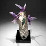 Genuine Polished Amethyst Hummingbirds on Watermelon Tourmaline Crystal + Quartz Matrix