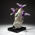 Genuine Polished Amethyst Hummingbirds on Watermelon Tourmaline Crystal + Quartz Matrix