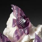 Genuine Polished Hand-Carved Purple Fluorite Fish on Albite Matrix + Custom Acrylic Display Stand