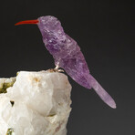 Genuine Polished Hand Carved Amethyst Hummingbird on Pink Tourmaline + Quartz Matrix