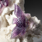 Genuine Polished Hand-Carved Purple Fluorite Fish on Albite Matrix + Custom Acrylic Display Stand