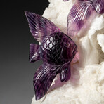 Genuine Polished Hand-Carved Purple Fluorite Fish on Albite Matrix + Custom Acrylic Display Stand