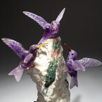 Genuine Polished Amethyst Hummingbirds on Watermelon Tourmaline Crystal + Quartz Matrix