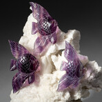 Genuine Polished Hand-Carved Purple Fluorite Fish on Albite Matrix + Custom Acrylic Display Stand