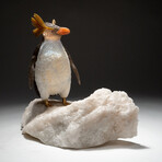 Genuine Polished Southern Rockhopper Penguin on Quartz Crystal + Pink Tourmaline Crystal