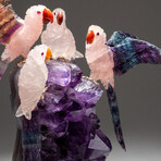 Four Genuine Polished Hand Carved Rose Quartz Parrots on Amethyst Cluster