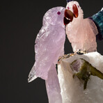 Genuine Polished Rose Quartz Parrots on Quartz Cluster + Green Tourmaline