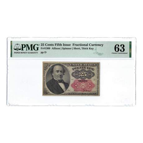 Twenty-Five-Cent Banknote // Fractional Currency // Fifth Issue (1874 to 1876) // PMG Certified Choice Uncirculated 63 Condition