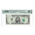 1977 $5 Federal Reserve Note // Obstructed Printing Error // PMG Certified About Uncirculated 53