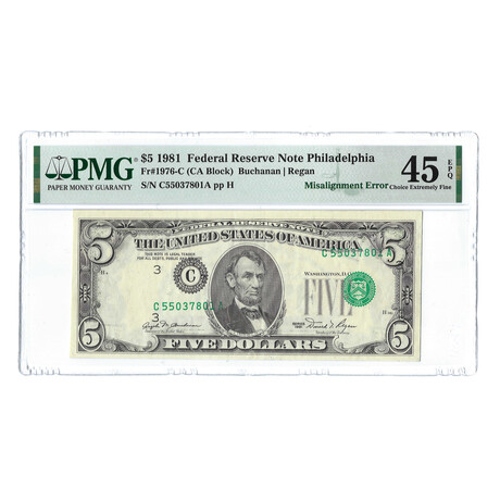 1981 $5 Federal Reserve Note // Misalignment Error // PMG Certified Choice Extra Fine 45 EPQ