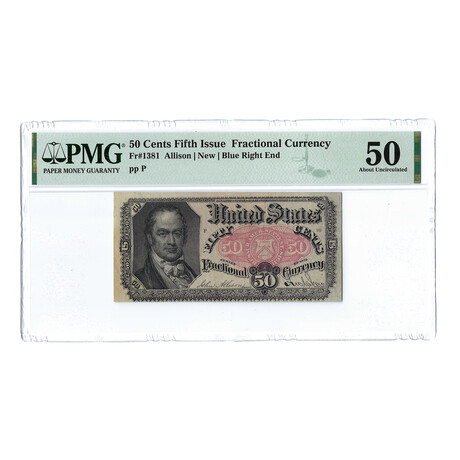 Fifty-Cent Banknote // Fractional Currency // Fifth Issue (1874 to 1876) // PMG Certified About Uncirculated 50 Condition