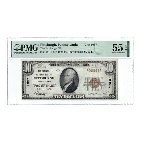 1929 Series $10 National Bank Note // Type 1 // The Exchange National Bank of Pittsburgh // PMG Certified About Uncirculated 55 EPQ