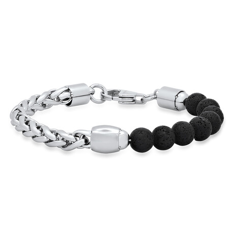 Stainless Steel Wheat Link Chain + Lava Beads Bracelet // Metallic + Black