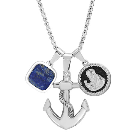 Stainless Steel Anchor + St. Benedict + Agate Square Pendant Necklace // Metallic