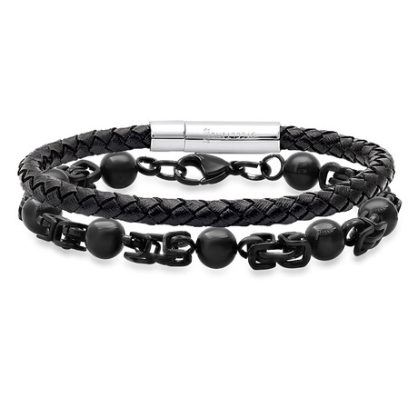 Leather + Stainless Steel Bracelets // Set of 2 // Black