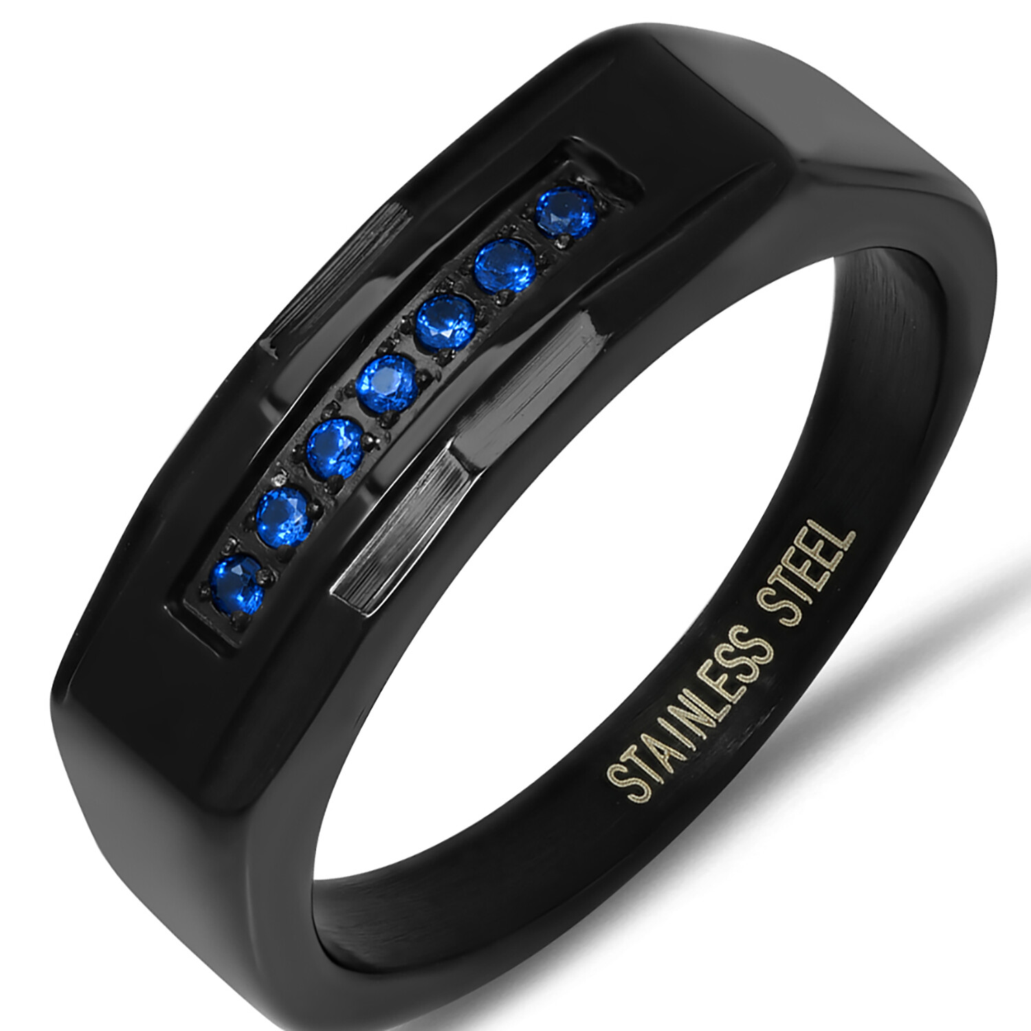 Stainless Steel + Simulated Diamond Ring // Black + Blue (Size 9