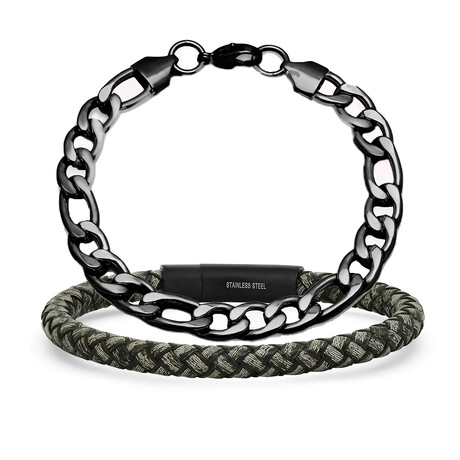Stainless Steel + Leather Bracelets // Set of 2 // Black + Gray + Metallic