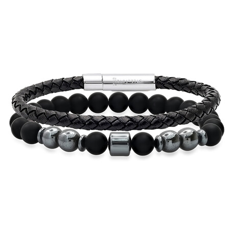 Stainless Steel + Beaded Bracelets // Set of 2 // Black + Metallic