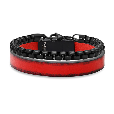 Stainless Steel + Leather Bracelets // Set of 2 // Red + Black
