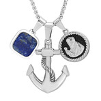 Stainless Steel Anchor + St. Benedict + Agate Square Pendant Necklace // Metallic