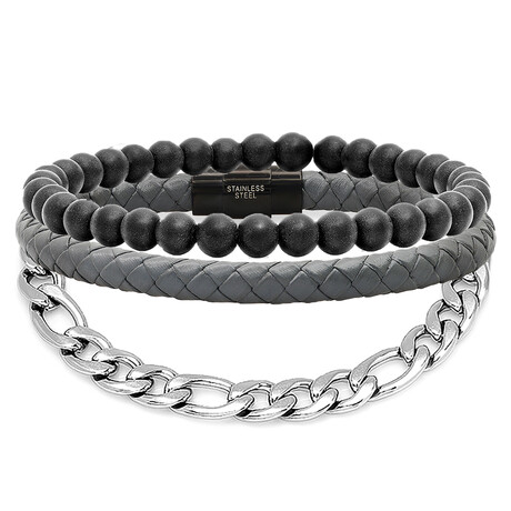 Lava + Leather + Stainless Steel Bracelets // Set of 3 // Black + Metallic