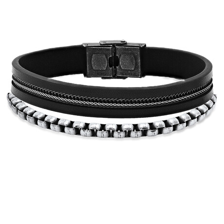 Stainless Steel + Leather Bracelets // Set of 2 // Black + Metallic