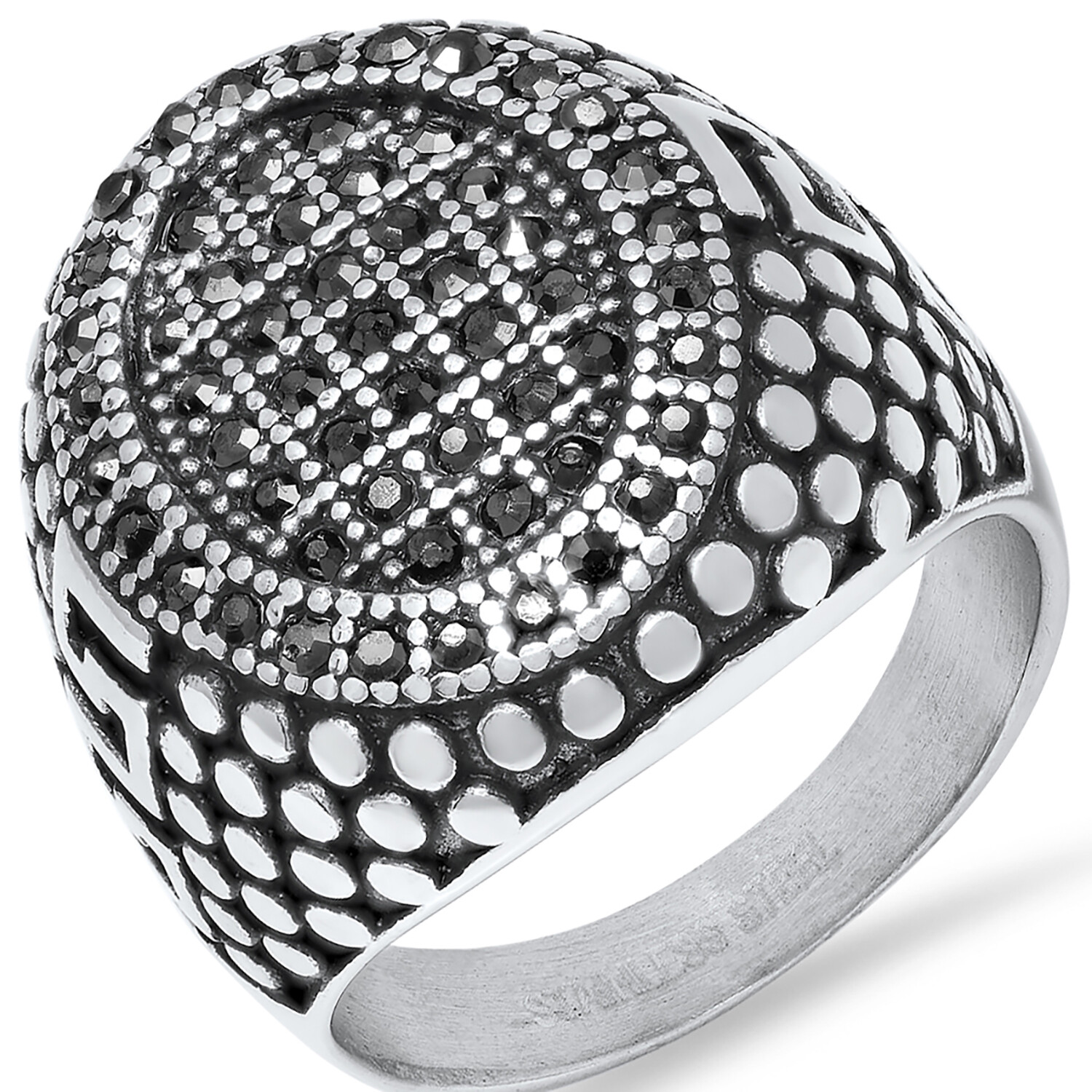 Stainless Steel + CZ Pebble + Greek Key Accented Ring // Black