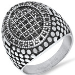 Stainless Steel + CZ Pebble + Greek Key Accented Ring // Black + Metallic (Size 9)
