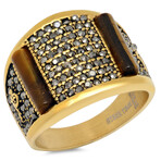 Stainless Steel + Tiger Eye + Simulated Diamonds Ring // 18K Gold Plated (Size 9)