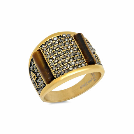 Stainless Steel + Tiger Eye + Simulated Diamonds Ring // 18K Gold Plated (Size 9)