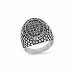 Stainless Steel + CZ Pebble + Greek Key Accented Ring // Black + Metallic (Size 9)