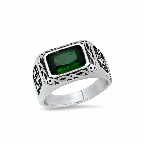 Stainless Steel + Simulated Diamonds Ring // Metallic + Black + Green (Size 9)