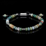 Indian Agate Rondelle Beads + Hematite Disc Beads Adjustable Cord Tie Bracelet // Green + Gray