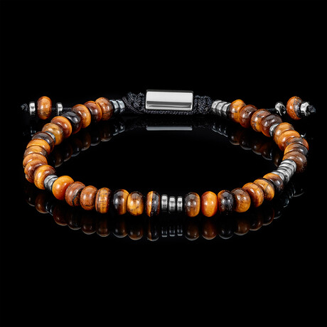 Hematite + Tigers Eye Natural Stone Rondelle Bead Adjustable Cord Tie Bracelet // Brown + Gray (Lapis Lazuli)